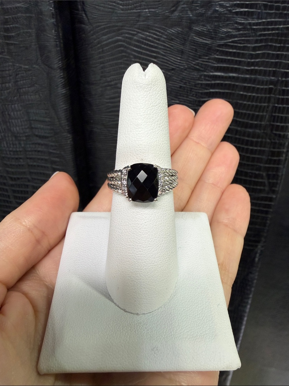 David Yurman Black Onyx and Sterling Ring with Pave Accents